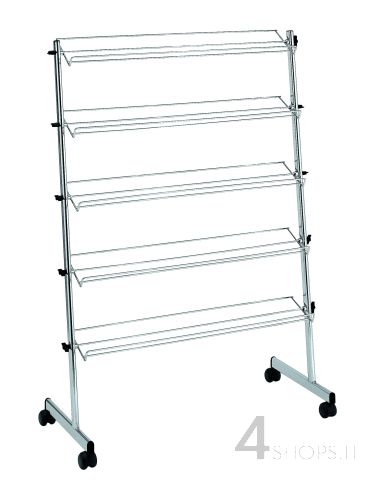 Stender a 5 ripiani inclinabili per calzature in metallo cromato con ruote