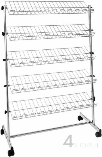 Stender a 5 ripiani inclinabili in metallo cromato con rinforzo e ruote