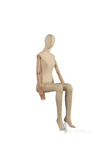 Manichino donna stilizzato in posizione seduta rivestito in tessuto - Vista laterale